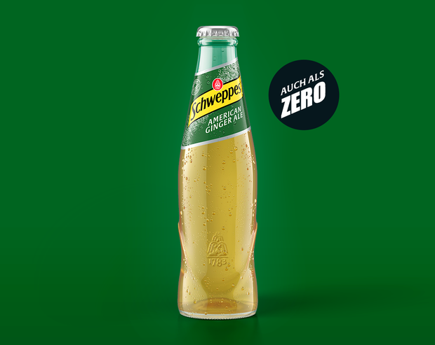 Schweppes American Ginger Ale – 0,2-l Glasflasche auf grünem Hintergrund, mit Hinweis ‚Auch als Zero erhältlich‘.