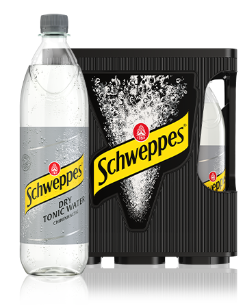 1,0 Liter Flaschen Schweppes Dry Tonic Water im 6er-Kasten.
