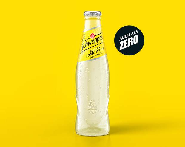 Schweppes Indian Tonic Water – 0,2-l Glasflasche mit Hinweis ‚Auch als Zero erhältlich‘.