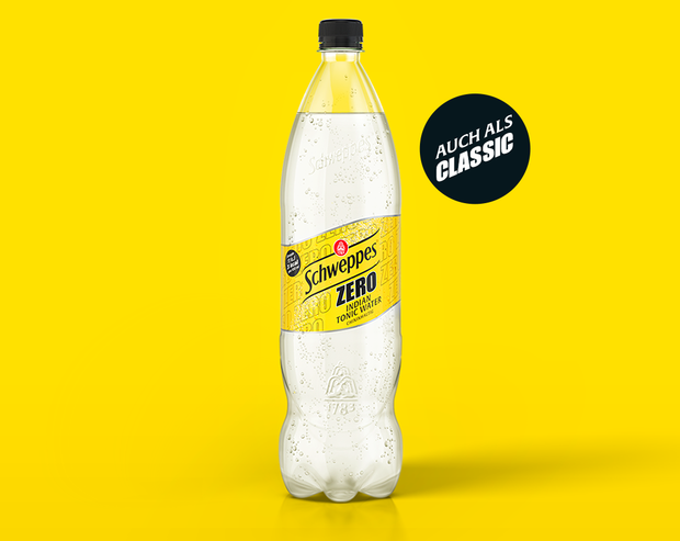 Schweppes Indian Tonic Water Zero – große PET-Flasche mit Hinweis ‚Auch als Classic erhältlich‘.