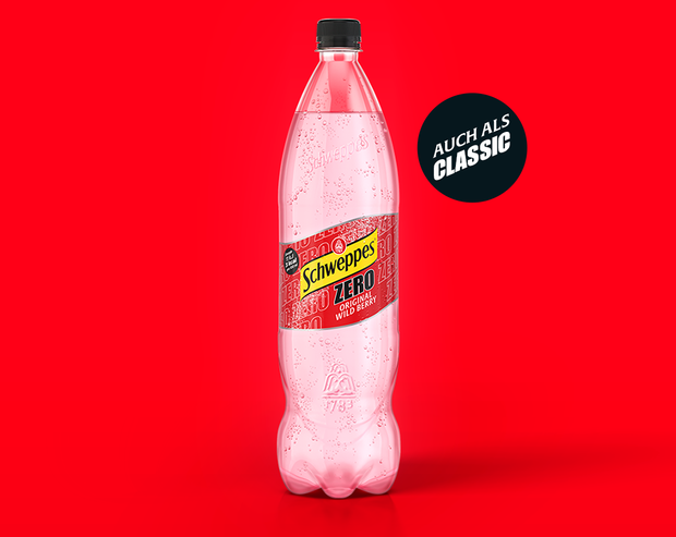 Schweppes Original Wild Berry Zero – große PET-Flasche mit Hinweis ‚Auch als Classic erhältlich‘.