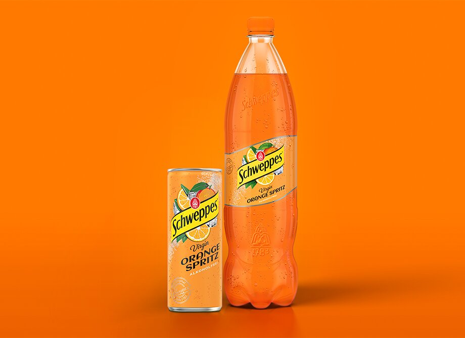 Schweppes Virgin Orange Spritz –  0,33 Liter Dose neben 1,25 Liter Flasche, alkoholfrei.