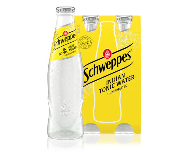 Produktabbildung von Schweppes Indian Tonic Water im gelben Design.