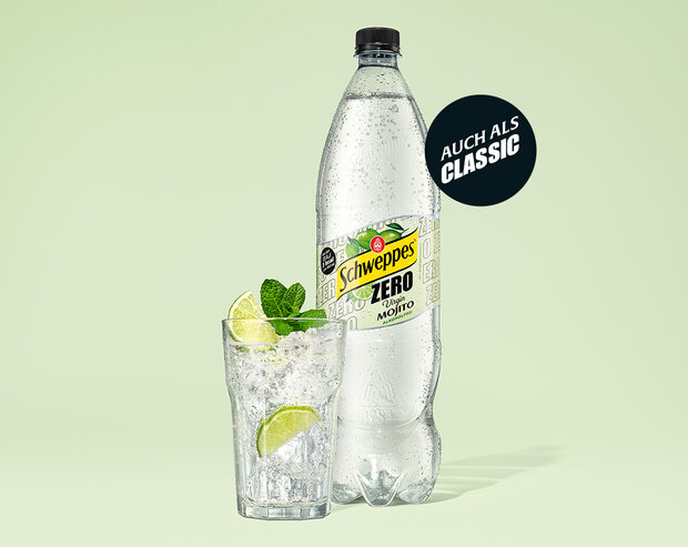 Abbildung 1,25l Flasche Schweppes Virgin Mojito Zero auf hellgrünen Hintergrund