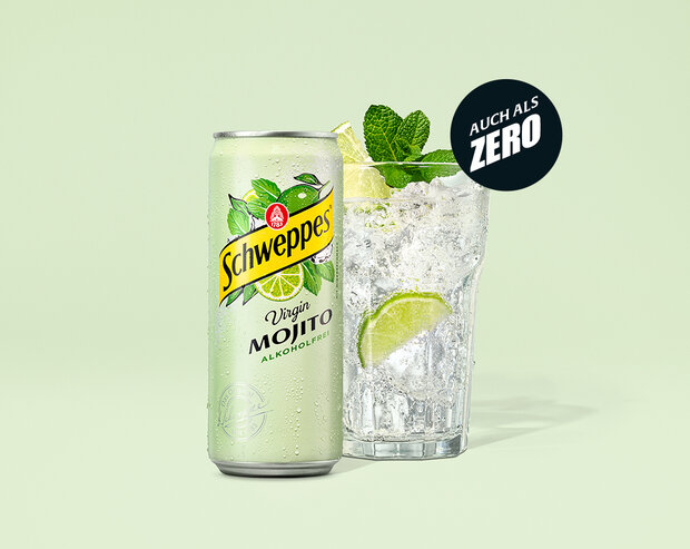 Abbildung 0,33l Dose Schweppes Virgin Mojito Zero auf hellgrünen Hintergrund