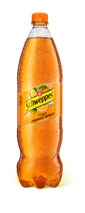 1,25 Liter Flasche Schweppes Virgin Orange Spritz, alkoholfrei.