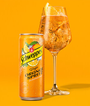 Dose von Schweppes Virgin Orange Spritz, alkoholfreier Aperitif.