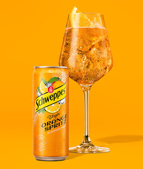 Dose von Schweppes Virgin Orange Spritz, alkoholfreier Aperitif.