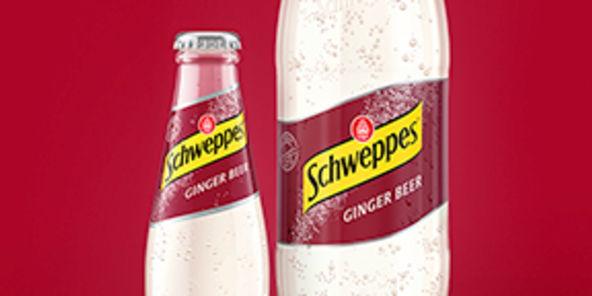 Nahaufnahme: Schweppes Ginger Beer als 0,2-l und 1,25-l Flasche.