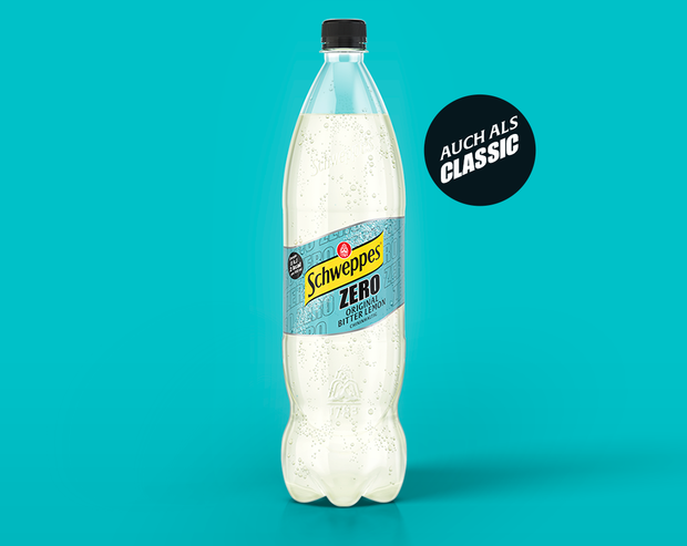 Schweppes Original Bitter Lemon Zero – große PET-Flasche mit Hinweis ‚Auch als Classic erhältlich‘.