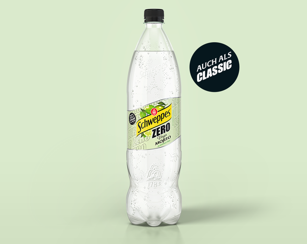 Abbildung 1,25l Flasche Schweppes Virgin Mojito Zero auf hellgrünen Hintergrund