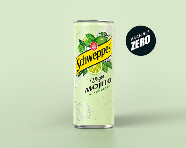 Abbildung 0,33l Dose Schweppes Virgin Mojito Zero auf hellgrünen Hintergrund