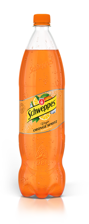 1,25 Liter Flasche Schweppes Virgin Orange Spritz, alkoholfrei.