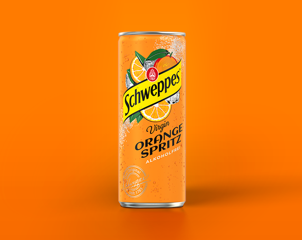 Dose von Schweppes Virgin Orange Spritz, alkoholfrei.