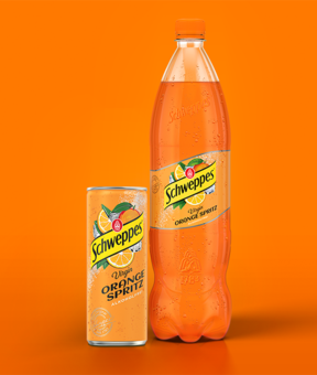 Schweppes Virgin Orange Spritz –  0,33 Liter Dose neben 1,25 Liter Flasche, alkoholfrei.