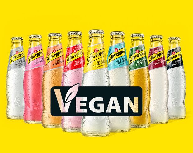 Auswahl an Produkten von Schweppes mit Vegan-Lable.