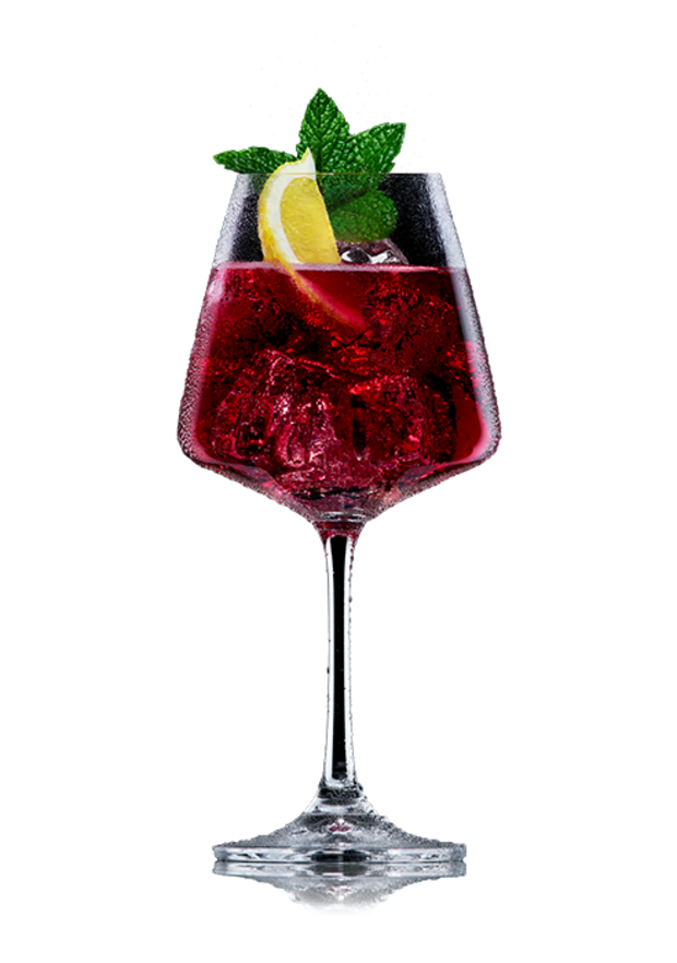 Martini Pomegranate im Weinglas mit Zitronenspalte und Minze, verfeinert mit Schweppes Pomegranate.