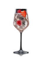 Lillet Wild Berry im Weinglas mit Erdbeere und Himbeeren, aufgegossen mit Schweppes Original Wild Berry.