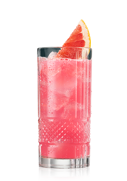 Hohes Glas mit rosa Getränk, Eiswürfeln und einer Grapefruitscheibe.