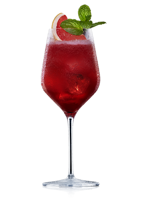 Weinglas gefüllt mit einem roten Aperitif, mit Grapefruitspalte und Minzkrone garniert.